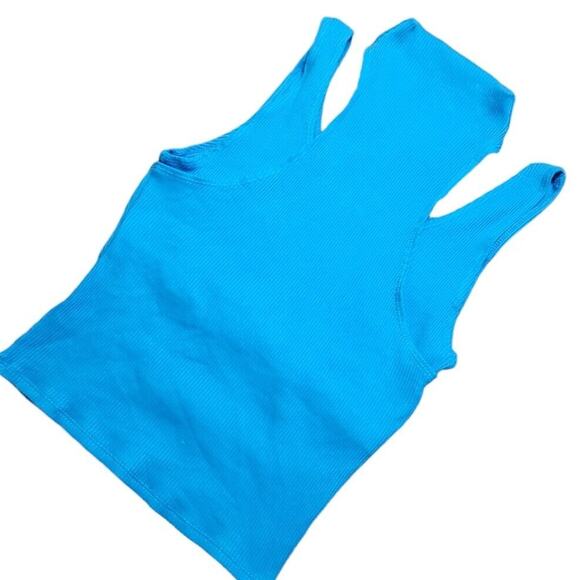 Anthropologie Sleeveless Turtleneck Top XS Blue Ribbed Knit Built-In Bra - Picture 2 of 5